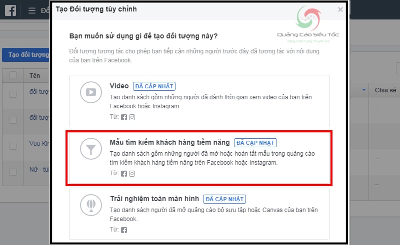 Truy cập mẫu tìm kiếm khách hàng tiềm năng trên Facebook