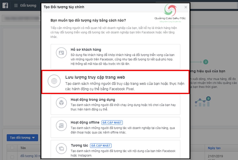 Mục lưu lượng truy cập trang web trên Custom Audience