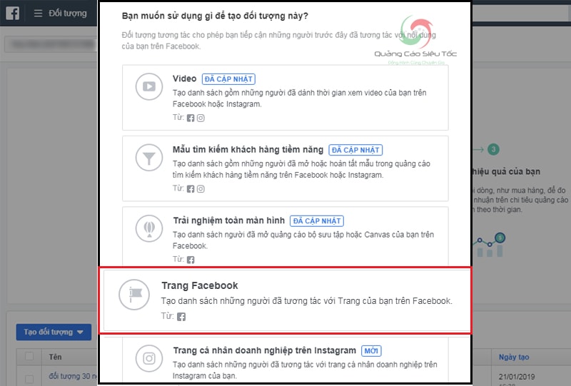Mục trang Facebook trong trình tạo đối tượng tùy chỉnh của facebook