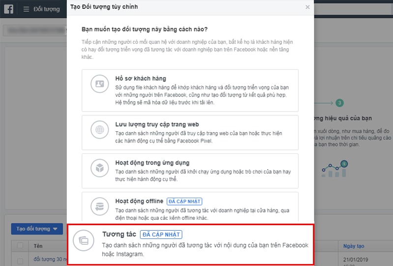 Mục tương tác trong trình tạo đối tượng tùy chỉnh Facebook