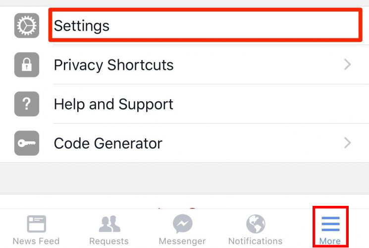 Nút Setting trên ứng dụng Facebook của iPhone