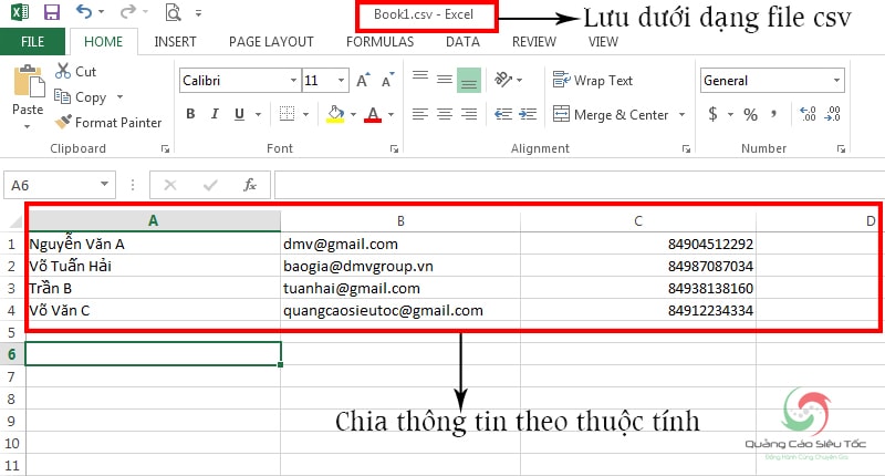 Mẫu data khách hàng được tạo bằng Exel
