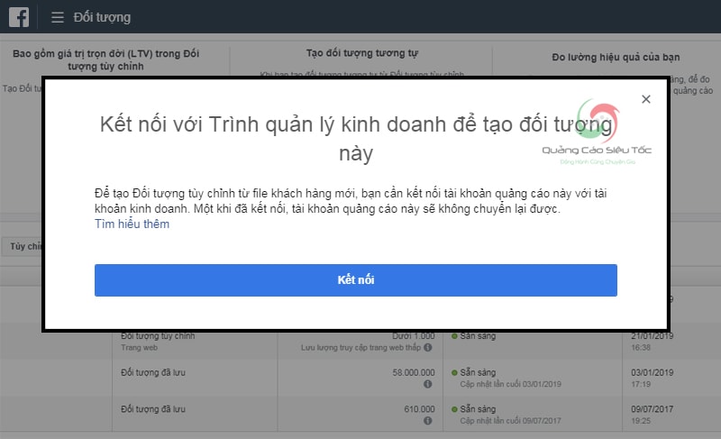 Thông báo kết nối tài khoản với Trình Quản Lí Kinh Doanh Facebook