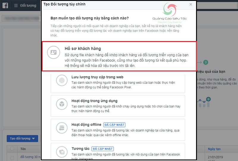 Mục Hồ Sơ Khách Hàng trong trình Tạo Đối Tượng Tùy Chỉnh của Facebook