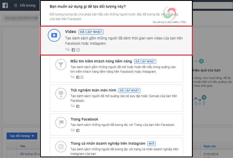 Mục Video trong Trình Tạo Đối Tượng Tùy Chỉnh của Facebook
